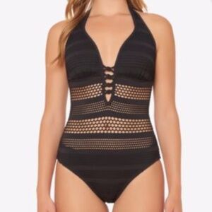 Bleu by Rod Beattie Crochet Illusion Halter one piece swimsuit. Size 8 EUC